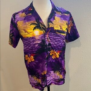 Hawaiian Purple and Yellow Casual Button Down Shirt with Tropical Print